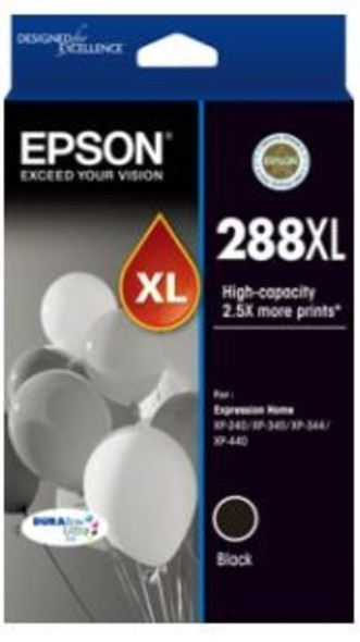 Epson 288XL Black Ink Cartridge, high-capacity, original Epson product packaging with blue and black design.