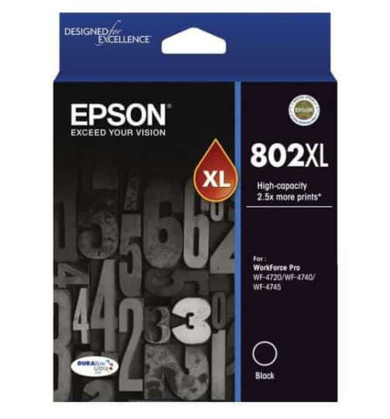 Epson 802XL Black Ink Cartridge, original, high-capacity, XL, black, Epson brand, for specific printer models.