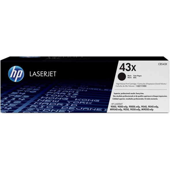 HP Genuine 43X Black Toner Cartridge, LaserJet printer accessory, in original packaging, featuring the HP logo and product details on a white background.