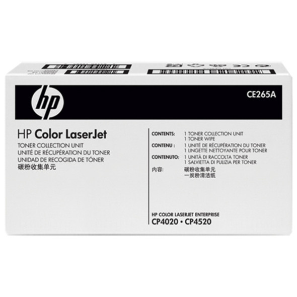 HP Genuine CE265A Toner Collection Unit, white box with black stripe and HP logo visible.