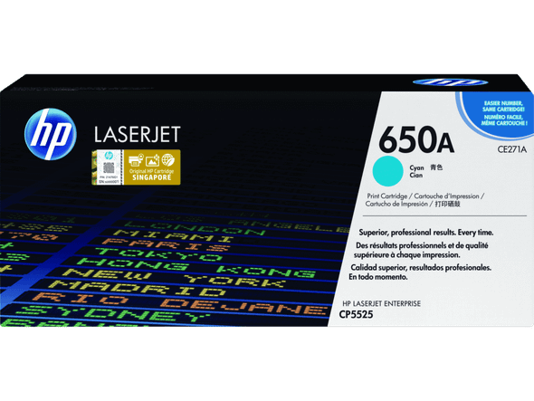 HP 650A Cyan Toner Cartridge box, genuine LaserJet printer supplies, cyan color, HP brand packaging.