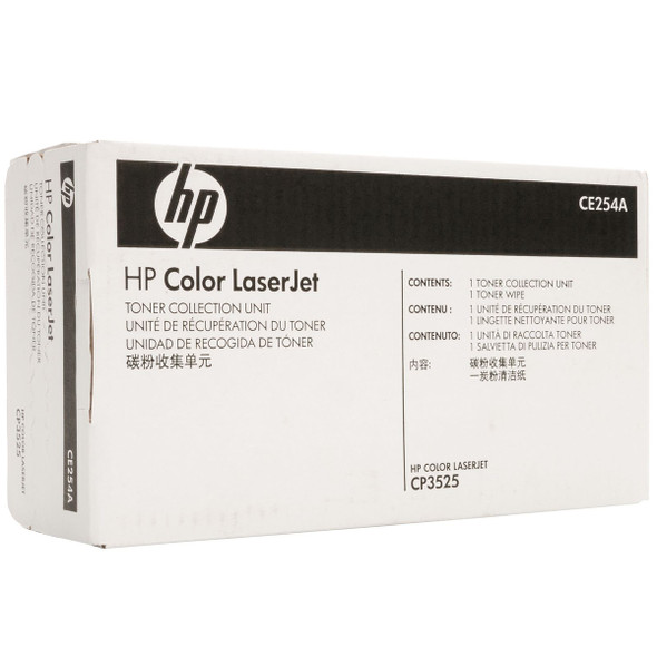 HP COLOR LASERJET CM3530 toner collection unit, white and black box with HP logo displayed.