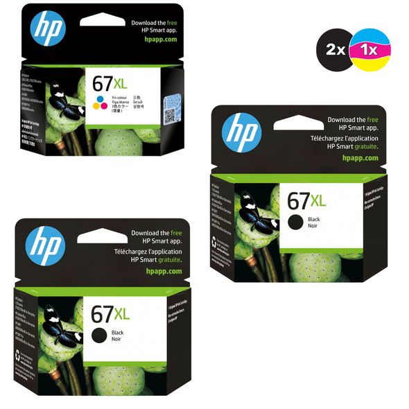 HP 67XL Ink Cartridge Value Pack, 2 Black, 1 Tri-Colour, by HP, in packaging.