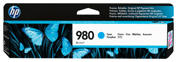 Genuine HP 980 Cyan Ink Cartridge, cyan color, HP brand, printer ink product packaging visible.