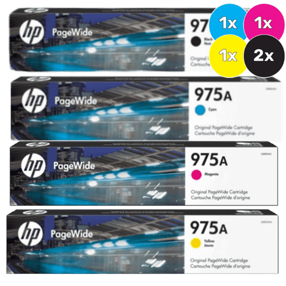 HP 975A Ink Cartridge Value Pack, 2x Black, 1x Cyan, 1x Magenta, 1x Yellow, PageWide.