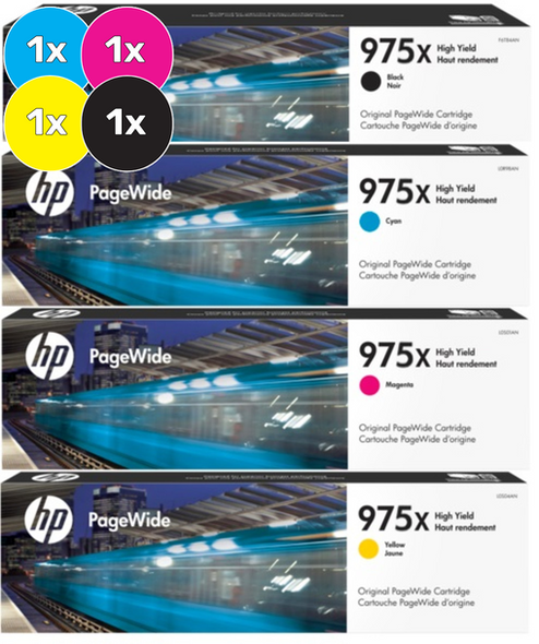 HP 975X Ink Cartridge Value Pack, includes one black, cyan, magenta, and yellow PageWide cartridges.
