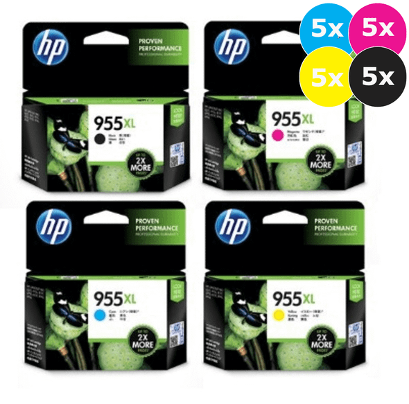 HP 955XL Ink Cartridge Value Pack, 5 sets of black, cyan, magenta, and yellow cartridges.