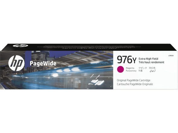Genuine HP 976Y Magenta Pagewide Ink Cartridge, HP logo and product details on packaging visible.