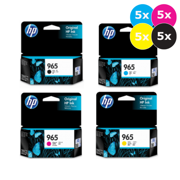 HP 965 Ink Cartridge Value Pack, 5x Black, Cyan, Magenta, Yellow, HP brand printer cartridges.