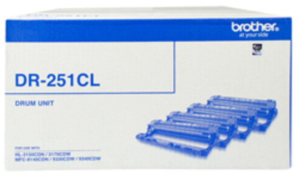 Brother DR251CL Drum Unit, blue and white packaging with drum unit illustration, Brother logo visible.