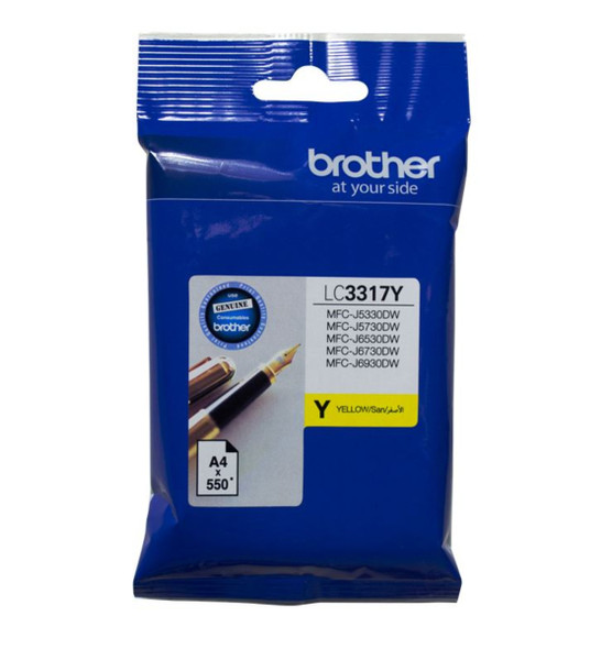 Brother LC3317 yellow ink cartridge, blue packaging with white and yellow labels, LC3317Y model number visible.