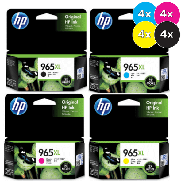 HP 965XL Original Ink Cartridge Value Pack, 4-count, Black, Cyan, Magenta, Yellow, HP brand cartridges.