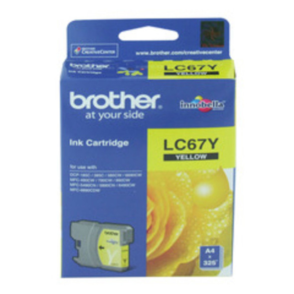Brother LC67 Yellow Ink Cartridge, genuine Brother product packaging with yellow and blue design elements visible.