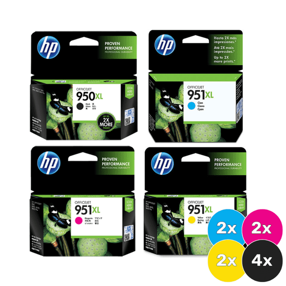 HP 950 & 951XL Ink Cartridge Value Pack, 4x Black, 2x Cyan, Magenta, Yellow, HP brand.