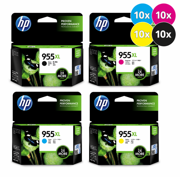 HP 955XL Ink Cartridge Value Pack, 10 sets of black, cyan, magenta, and yellow cartridges included.