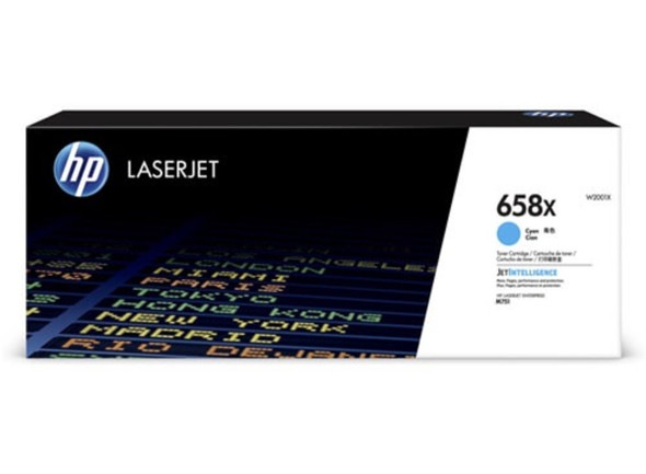 HP 658X Cyan Toner Cartridge, high yield, in original packaging, LaserJet printer supplies, blue color.