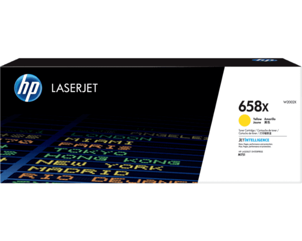 HP 658X Yellow Toner Cartridge box, high yield, LaserJet printer, HP brand, yellow color.