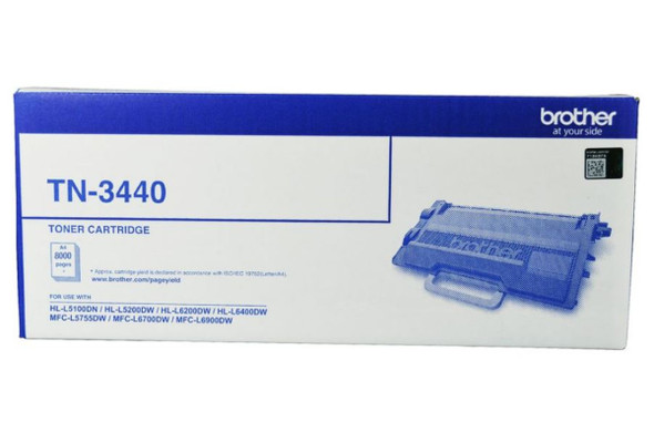 Brother TN3440 Toner Cartridge box packaging with blue accents and product image on white background.