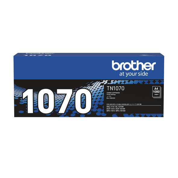 Brother TN1070 black toner cartridge box, genuine Brother product packaging with model number and branding.