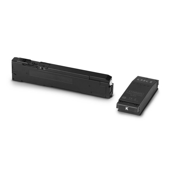 Oki C650DN black toner cartridges, one standard and one compact, on a plain white background.