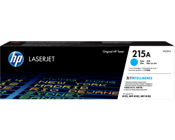 HP Genuine 215A Cyan Toner Cartridge box with LaserJet and blue cyan color label visible.