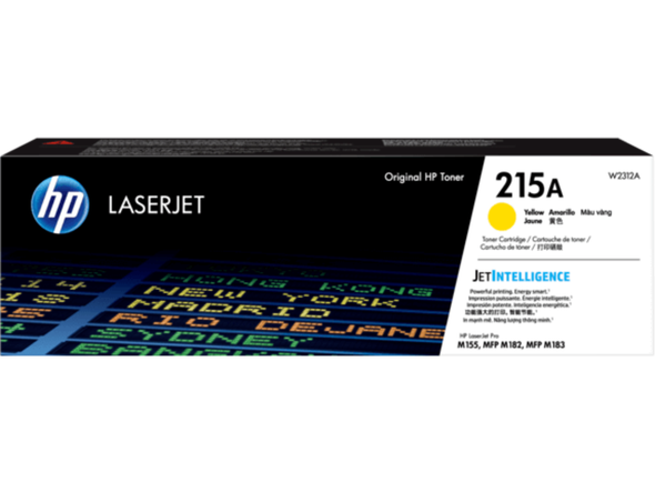 HP Genuine 215A Yellow Toner Cartridge, LaserJet printer supplies, HP brand, yellow color, original packaging.