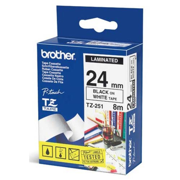 Brother TZ-251 label tape, 24mm black on white, genuine, laminated TZ series label cassette.