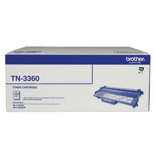 Brother TN3360 Toner Cartridge box packaging with blue accents and product image on white background.