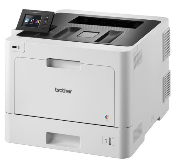 Brother HL-L8360CDW laser printer, white, with touchscreen display and front-loading paper tray visible.