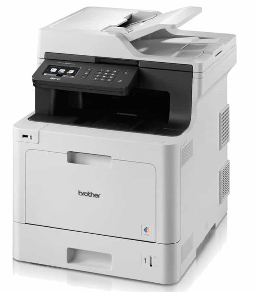 Brother MFC-L8690CDW Laser Printer, white, with black control panel and open top paper tray visible.