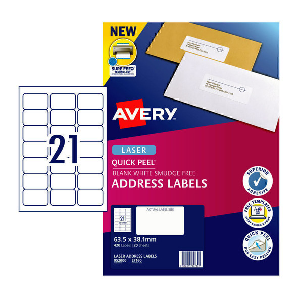 Avery Laser  Label QP L7160 21Up Pk20