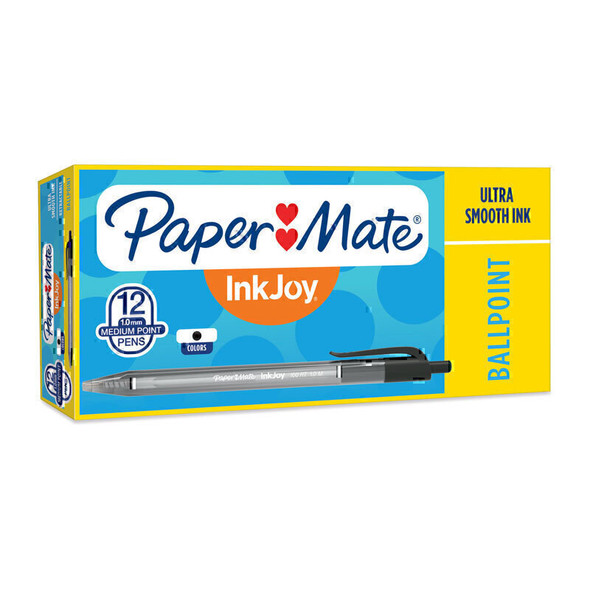 Paper Mate InkJoy 100RT Black Ballpoint Pens, Box of 12, Ultra Smooth Ink, Yellow and Blue packaging.