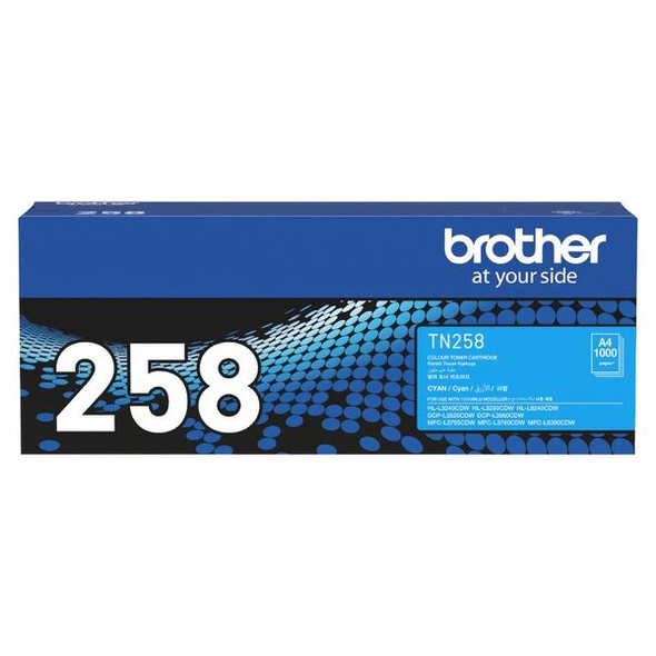 Brother TN258 Cyan Toner Cart, blue box with white and black design, Brother logo visible.