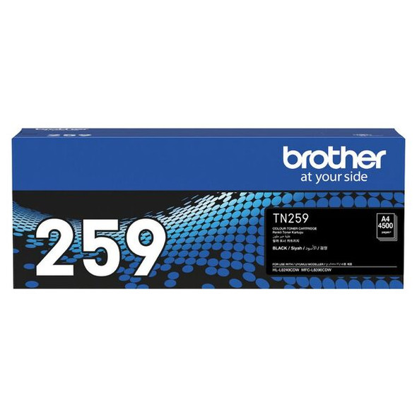 Brother TN259 Black Toner Cartridge, genuine Brother product packaging with blue and black design.
