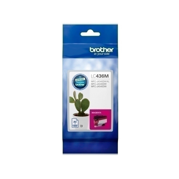 Brother LC436 Mag Ink Cart, magenta ink cartridge packaging with cactus graphic on white and blue background.
