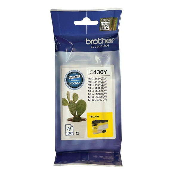 Brother LC436Y yellow ink cartridge packaging with clear plastic and blue label.