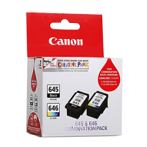 Canon PG645 CL646 Twin Pack, black and color ink cartridges, combination pack, Canon branding visible.
