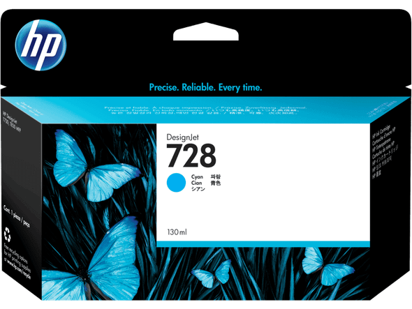Genuine HP 728 Cyan Ink Cartridge, 130ml, in original packaging with blue butterflies design.