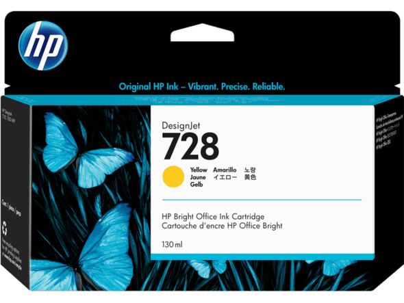 Genuine HP 728 Yellow Ink Cartridge, 130ml, DesignerJet series, HP brand, yellow color, office ink.