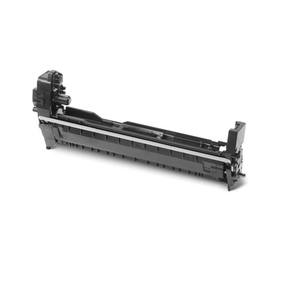 Oki C532DN Cyan Drum Unit, black, Oki brand printer component, angled view, rectangular shape.