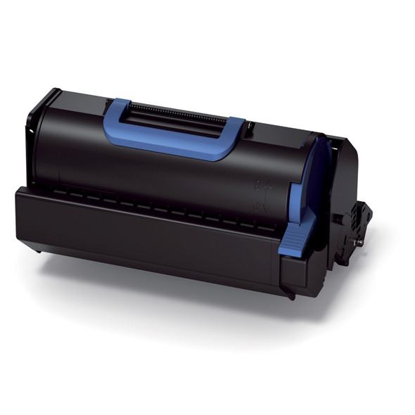 Oki B731 Black Toner cartridge with blue accents and handle, rectangular shape and sleek design.