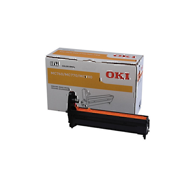 Oki MC770 Black Drum Unit, Oki brand, black and orange drum unit with packaging box.