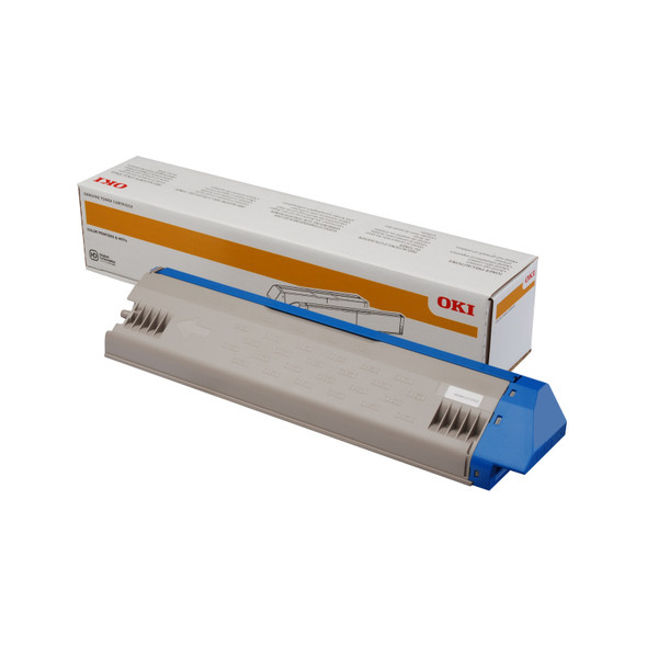 Oki C911 Cyan Toner cartridge with packaging, featuring blue and orange accents, silver and grey design.