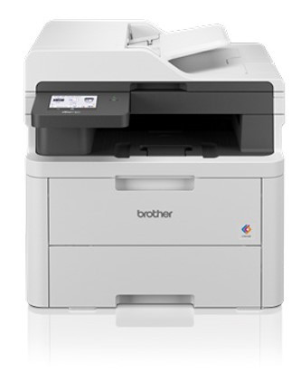 Brother L3755CDW Multifunction Laser Printer, white, with black scanner and paper tray, Brother logo visible.