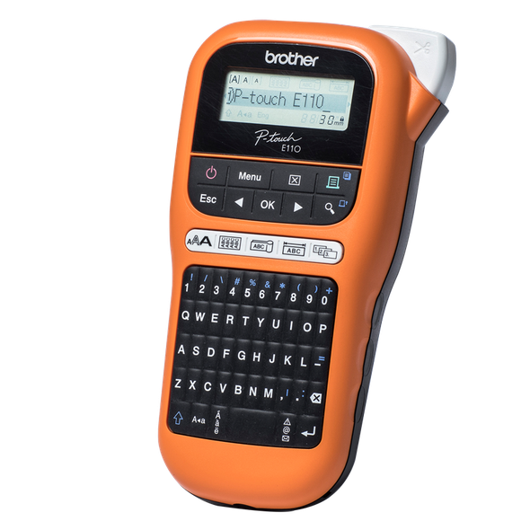 Brother E110VP Genuine Touch Label Maker Handheld Label Printer in orange color with keyboard and display.