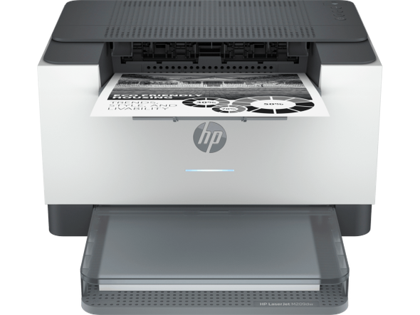 HP Genuine Laserjet M209dw A4 Mono Laser Printer, white and black, with paper in tray.