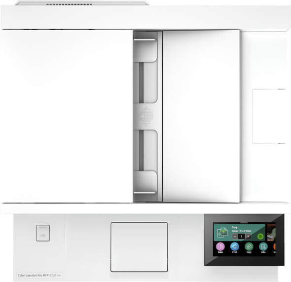 HP Color Laserjet Pro MFP 4301Fdw Printer, white, color touchscreen display, closed.