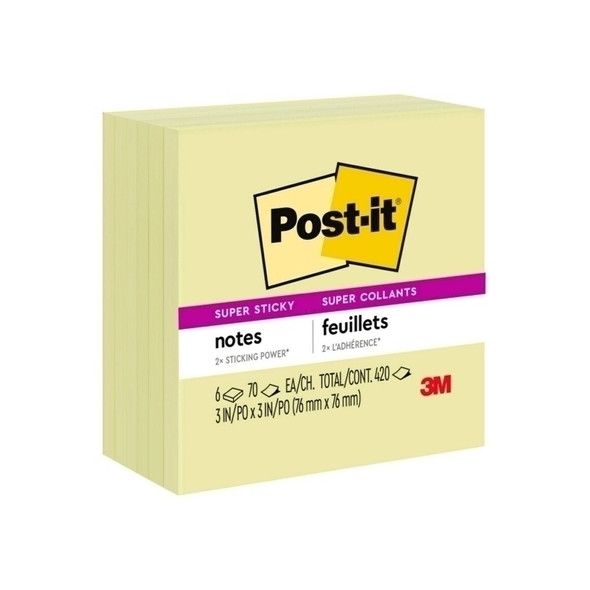 Post-It Super Sticky 654-6SSCY 76x76mm Yellow Sticky Notes - Pack of 6