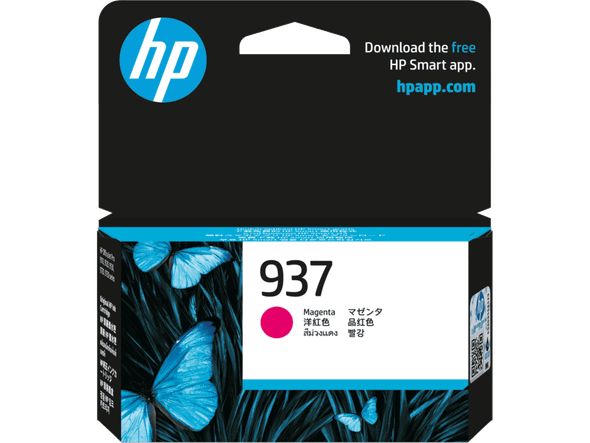 Genuine HP 937 Magenta Ink Cartridge, HP logo, blue and black packaging with pink ink indicator.