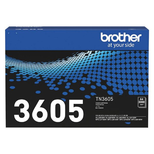 Brother TN3605 Toner Cartridge, black packaging with blue dots and white Brother logo visible clearly.